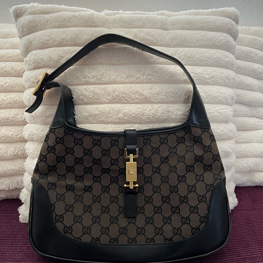 Gucci Black and Brown Shoulder Bag with Gold Clasp